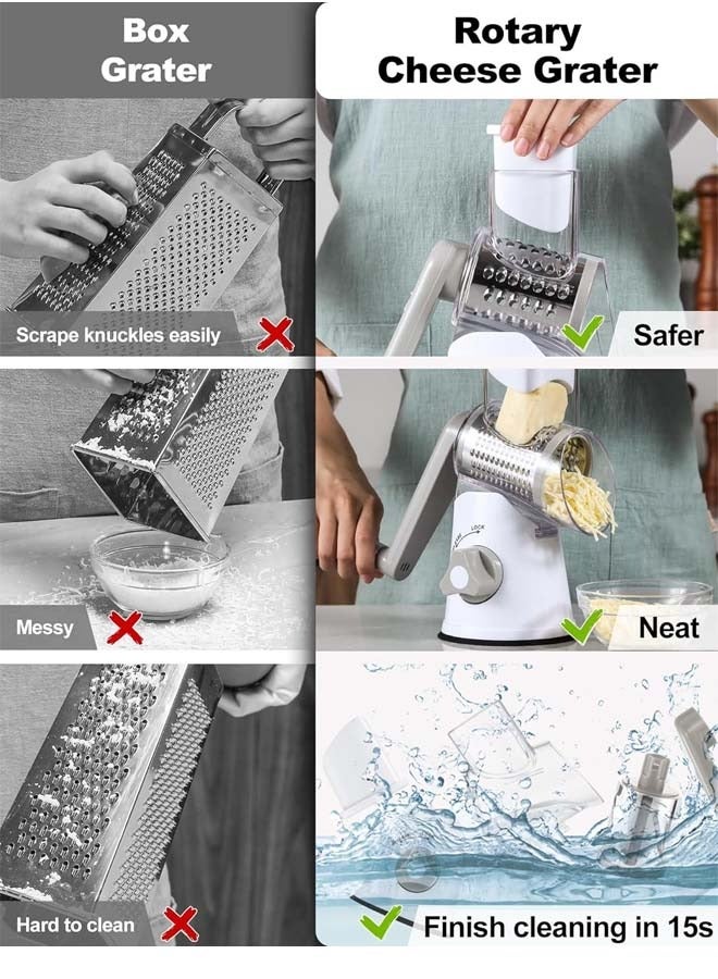 Rotary Cheese Grater with Handle Vegetable Cheese Shredder Slicer Grater for Kitchen 3 Changeable Blades for Cheese Potato Zucchini Nuts Chocolate (Grey)