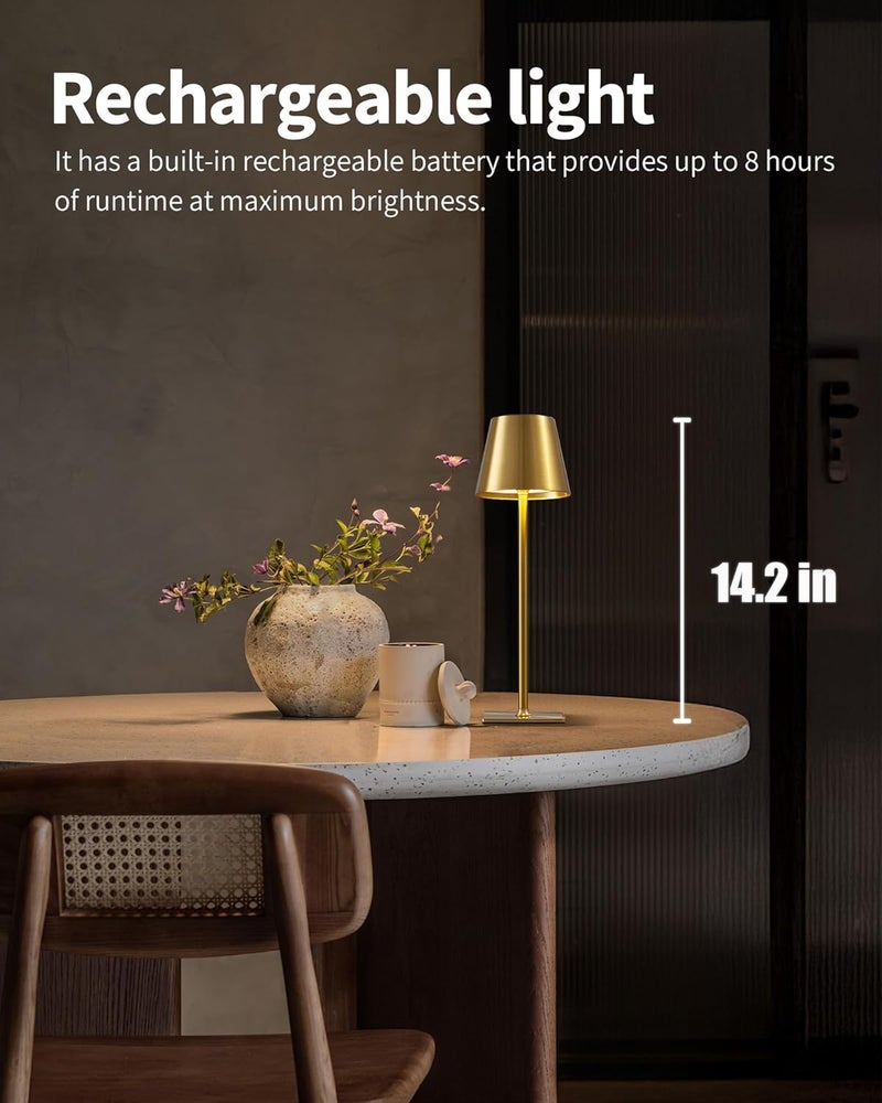 KDG 2 Pack Cordless Table Lamp,Portable LED Desk Lamp, 5000mAh Battery Operated, 3 Color Stepless Dimming Up, for Restaurant/Bedroom/Bars/Outdoor Party/Camping/Coffee Shop Night Light(Gold) - Image 2
