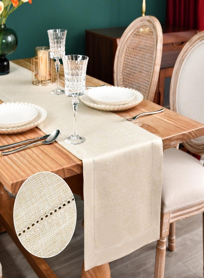 NEWISHER Farmhouse Hemstitch Border Table Runner Faux Linen Rustic Table Runners Solid Beige Rectangle Table Decoration for Dining Coffee Table Home Kitchen Party 13x72 Inch - Image 1