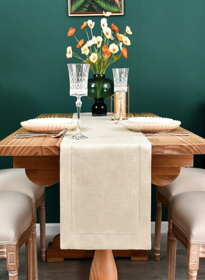 NEWISHER Farmhouse Hemstitch Border Table Runner Faux Linen Rustic Table Runners Solid Beige Rectangle Table Decoration for Dining Coffee Table Home Kitchen Party 13x72 Inch - Image 3