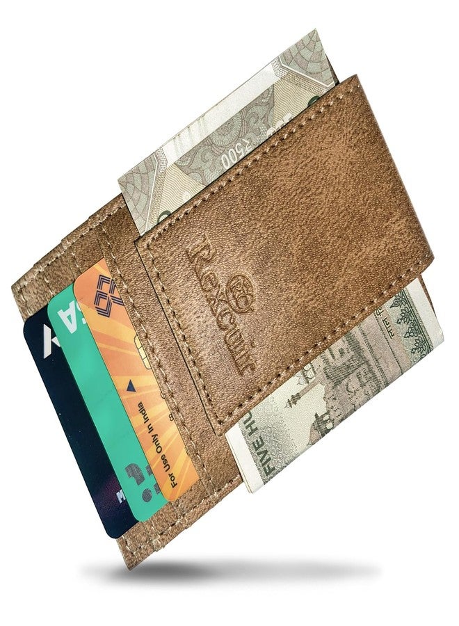 RC Rexcuir Vegan Leather Money Clip Wallet | Super Strong Magnetic Clip | Minimalist Money Clip | Slim Front Pocket Wallet RFID Blocking (Tan) - Image 2