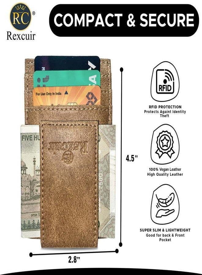 RC Rexcuir Vegan Leather Money Clip Wallet | Super Strong Magnetic Clip | Minimalist Money Clip | Slim Front Pocket Wallet RFID Blocking (Tan) - Image 5