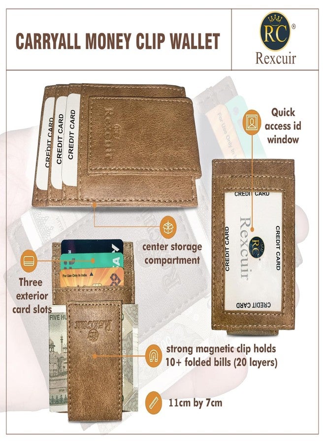 RC Rexcuir Vegan Leather Money Clip Wallet | Super Strong Magnetic Clip | Minimalist Money Clip | Slim Front Pocket Wallet RFID Blocking (Tan) - Image 3