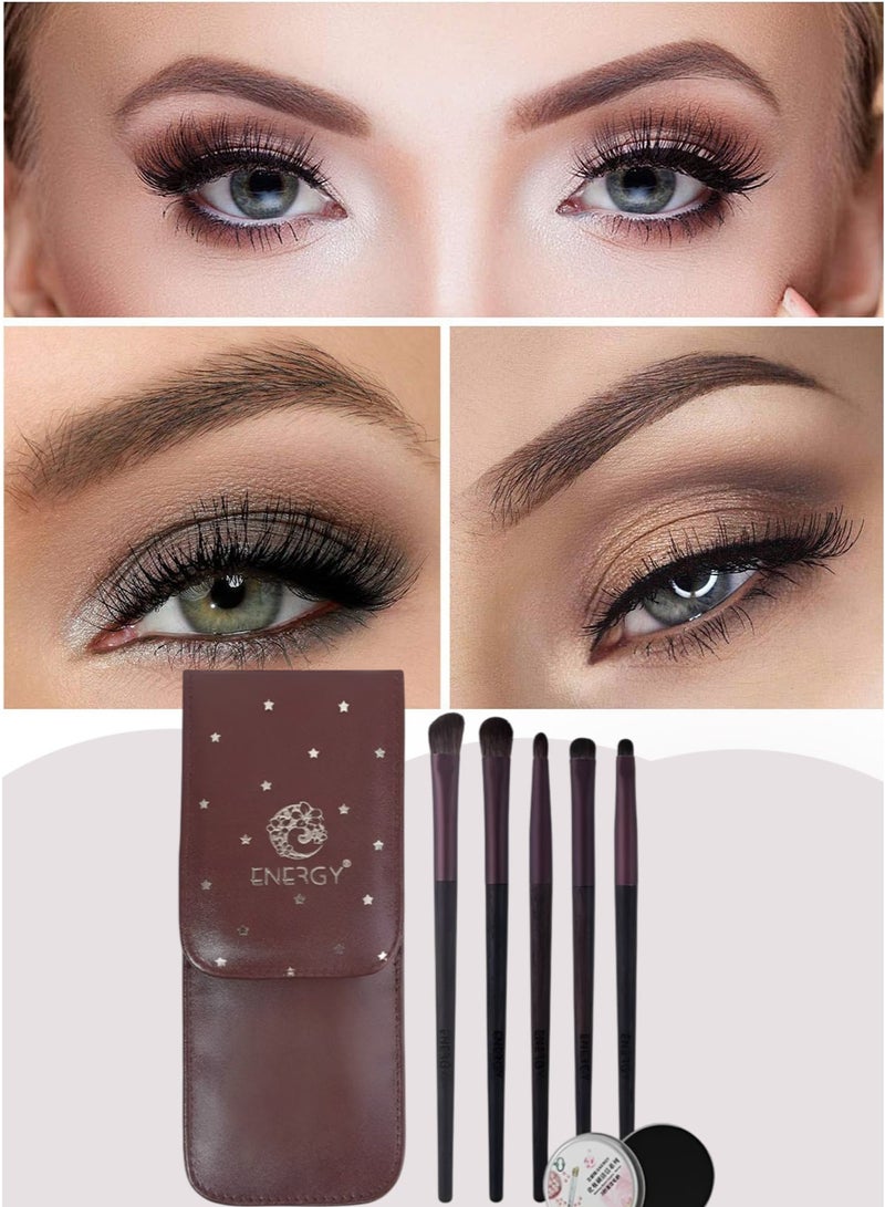 إينرجي مجموعة فرش مكياج العيون من إنرجي، مكونة من 5 قطع مع إسفنجة تنظيف وحقيبة جلدية - شعيرات صناعية ناعمة - Image 4