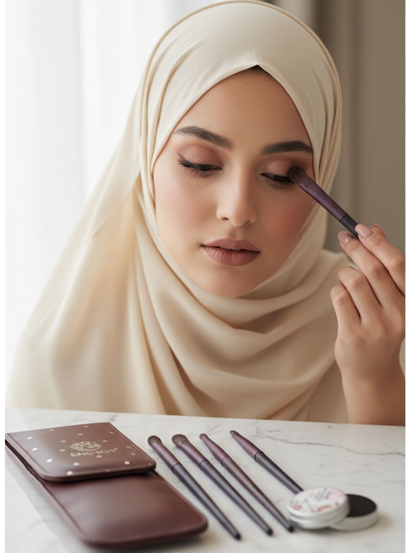 إينرجي مجموعة فرش مكياج العيون من إنرجي، مكونة من 5 قطع مع إسفنجة تنظيف وحقيبة جلدية - شعيرات صناعية ناعمة - Image 5