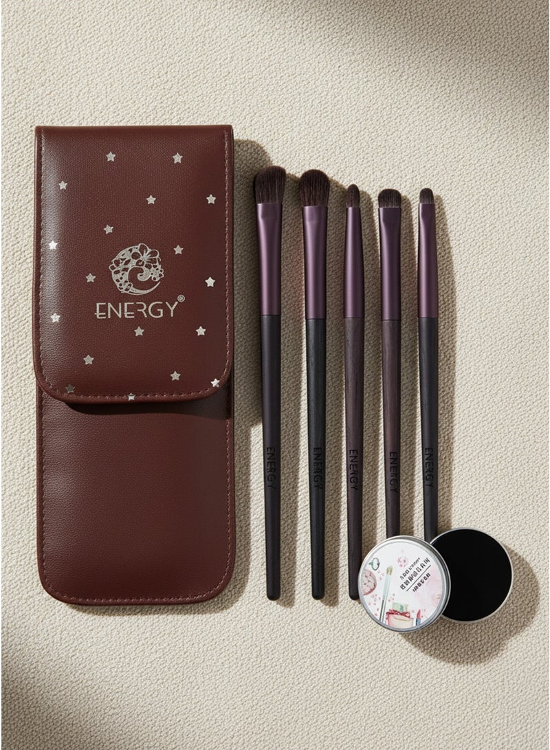 إينرجي مجموعة فرش مكياج العيون من إنرجي، مكونة من 5 قطع مع إسفنجة تنظيف وحقيبة جلدية - شعيرات صناعية ناعمة - Image 2