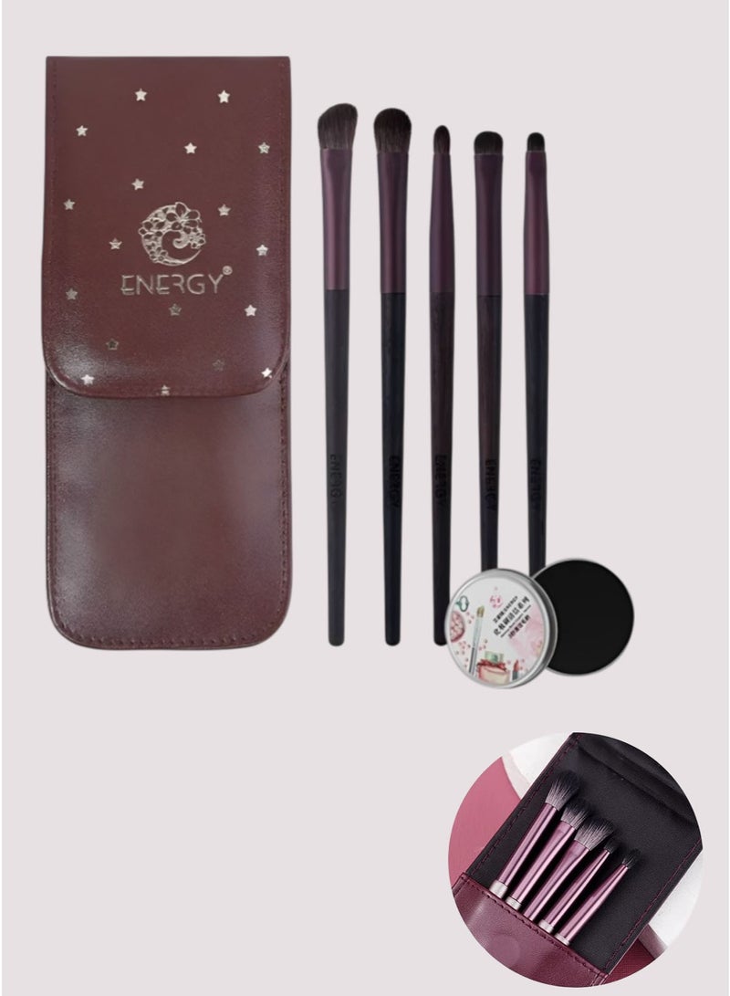 إينرجي مجموعة فرش مكياج العيون من إنرجي، مكونة من 5 قطع مع إسفنجة تنظيف وحقيبة جلدية - شعيرات صناعية ناعمة - Image 1