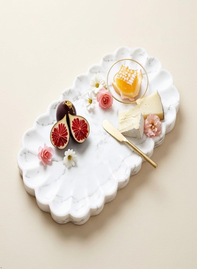 DECORAGE White Marble Serving Tray with Scalloped Edge | Decorative Platter for Jewelry, Vanity Organizer, Home Decor | Marble Tray for Decoration12 Inch - Image 1
