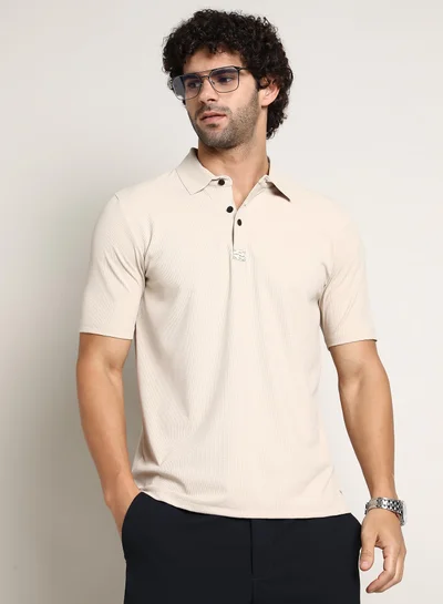 Campus Sutra Men's Saltbox Beige Seamless Ribbed Polo T-Shirt