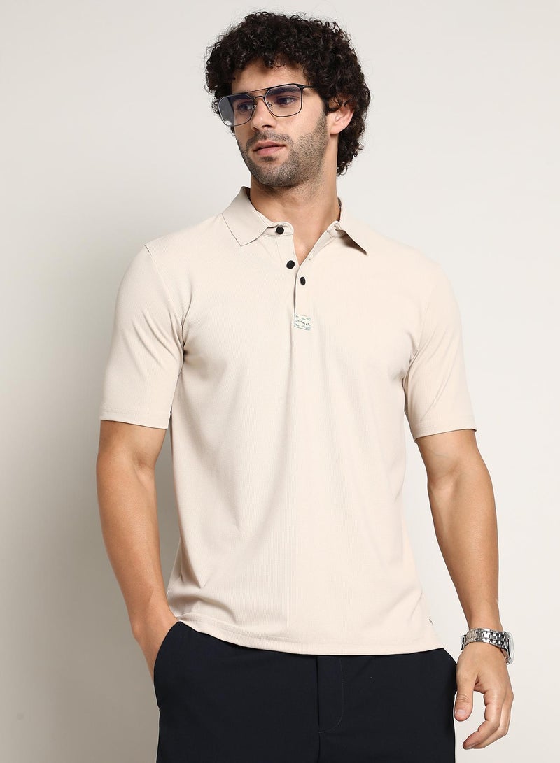 Campus Sutra Men's Saltbox Beige Seamless Ribbed Polo T-Shirt - Image 1