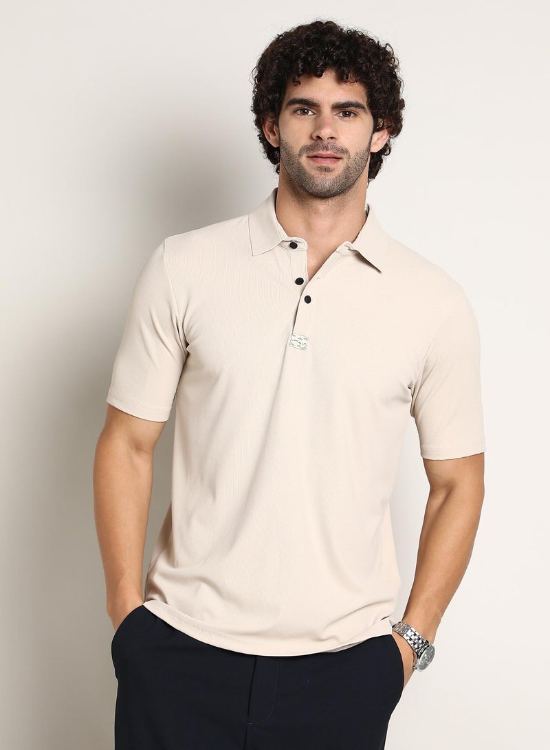 Campus Sutra Men's Saltbox Beige Seamless Ribbed Polo T-Shirt - Image 2