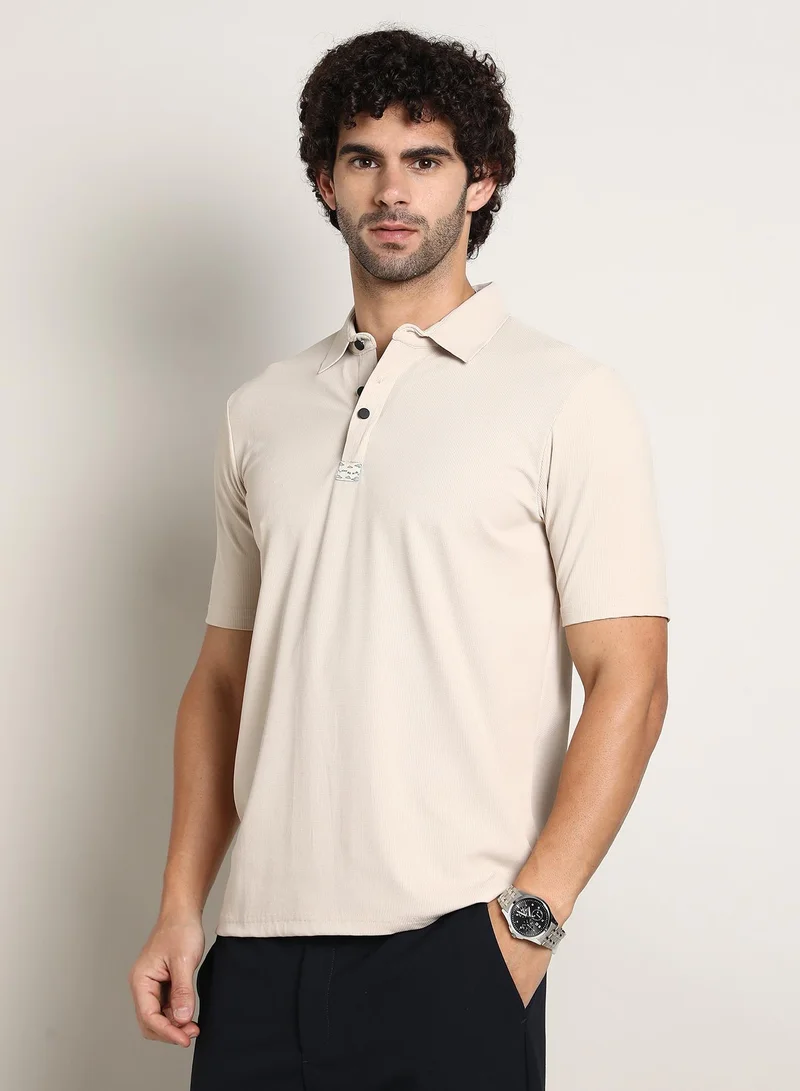 Campus Sutra Men's Saltbox Beige Seamless Ribbed Polo T-Shirt