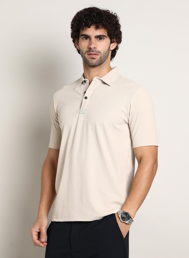 Campus Sutra Men's Saltbox Beige Seamless Ribbed Polo T-Shirt - Image 3