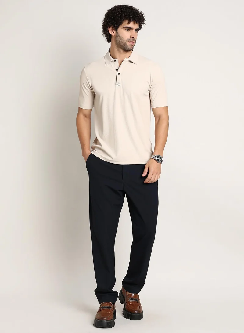 Campus Sutra Men's Saltbox Beige Seamless Ribbed Polo T-Shirt