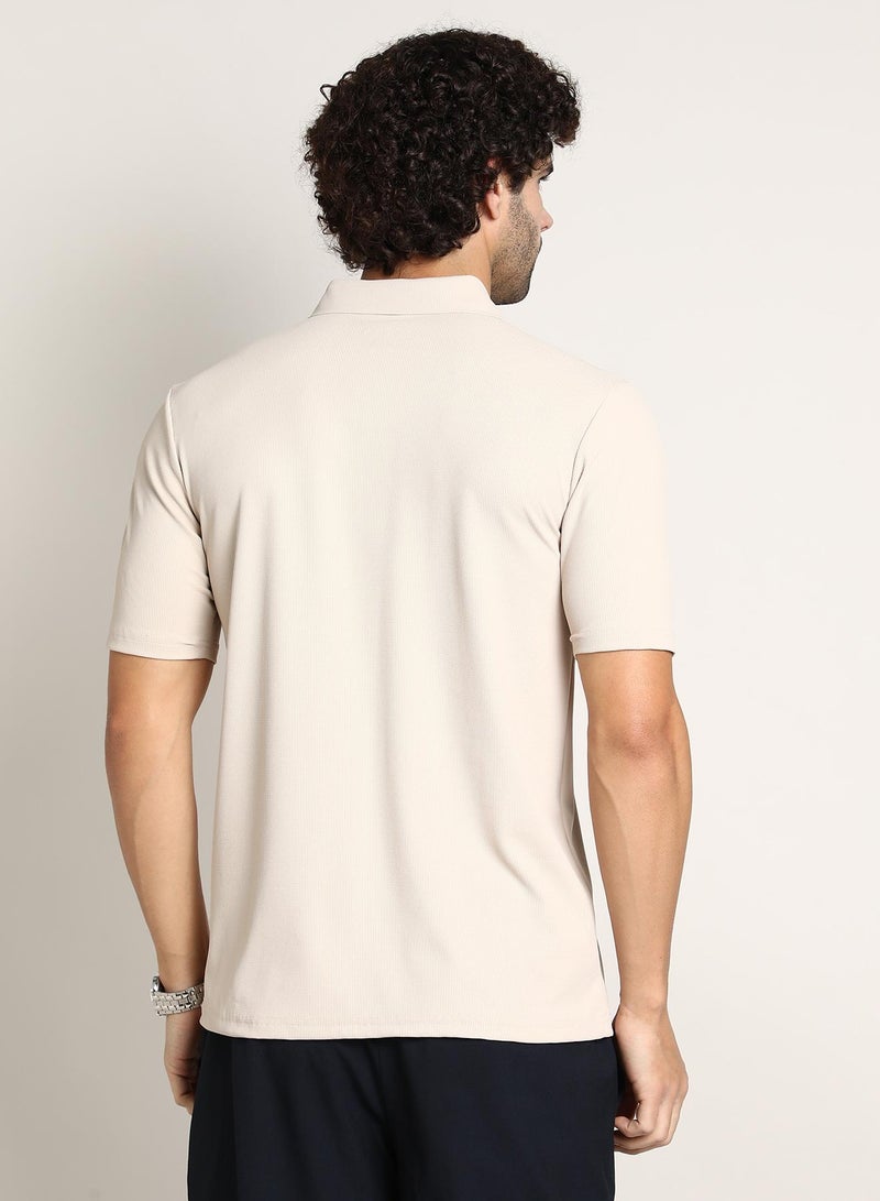 Campus Sutra Men's Saltbox Beige Seamless Ribbed Polo T-Shirt - Image 5