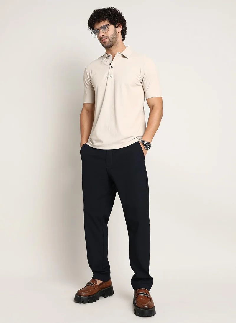 Campus Sutra Men's Saltbox Beige Seamless Ribbed Polo T-Shirt