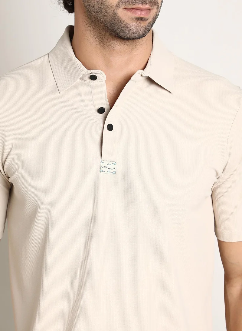 Campus Sutra Men's Saltbox Beige Seamless Ribbed Polo T-Shirt
