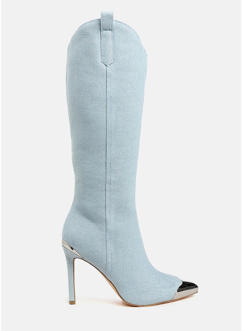 London Rag Metallic Cap Toe Denim Boots in Blue - Image 1