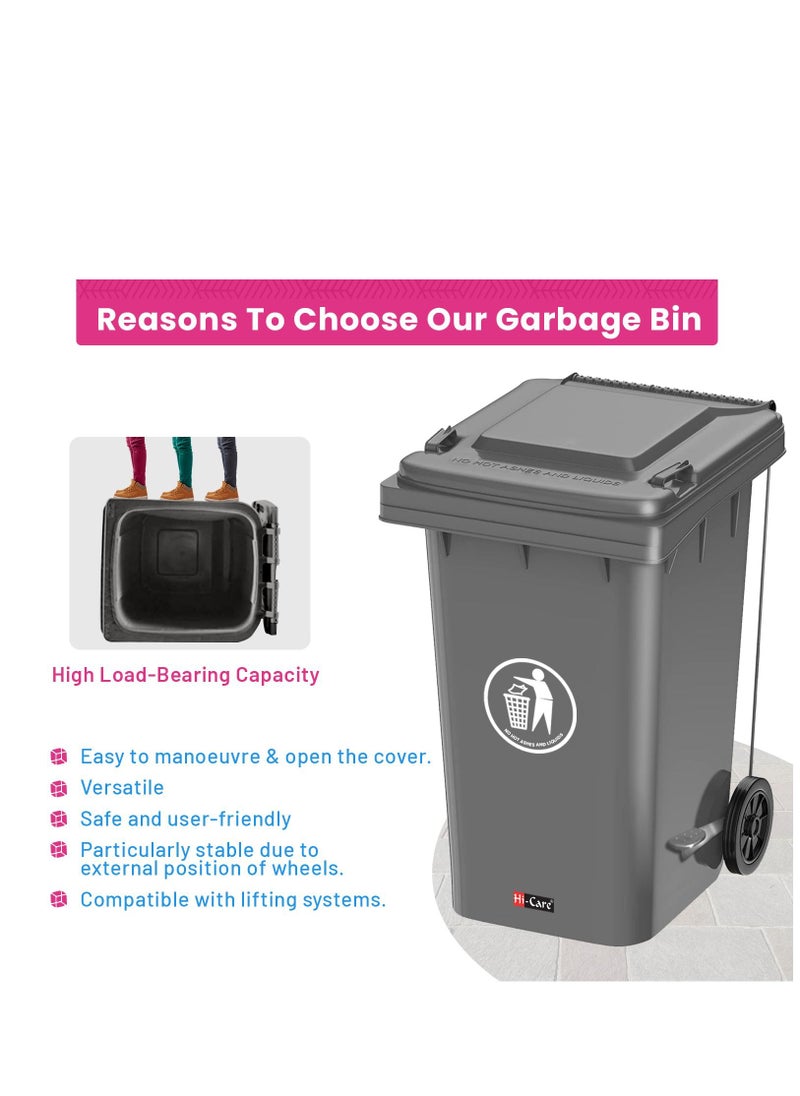 Hi Care - Heavy Duty Plastic Garbage Bin 120 Litre with Wheel and Pedal -Kitchen and Outdoor Recycle Trash Can, Large Industrial Waste Bin (Grey) - Image 1