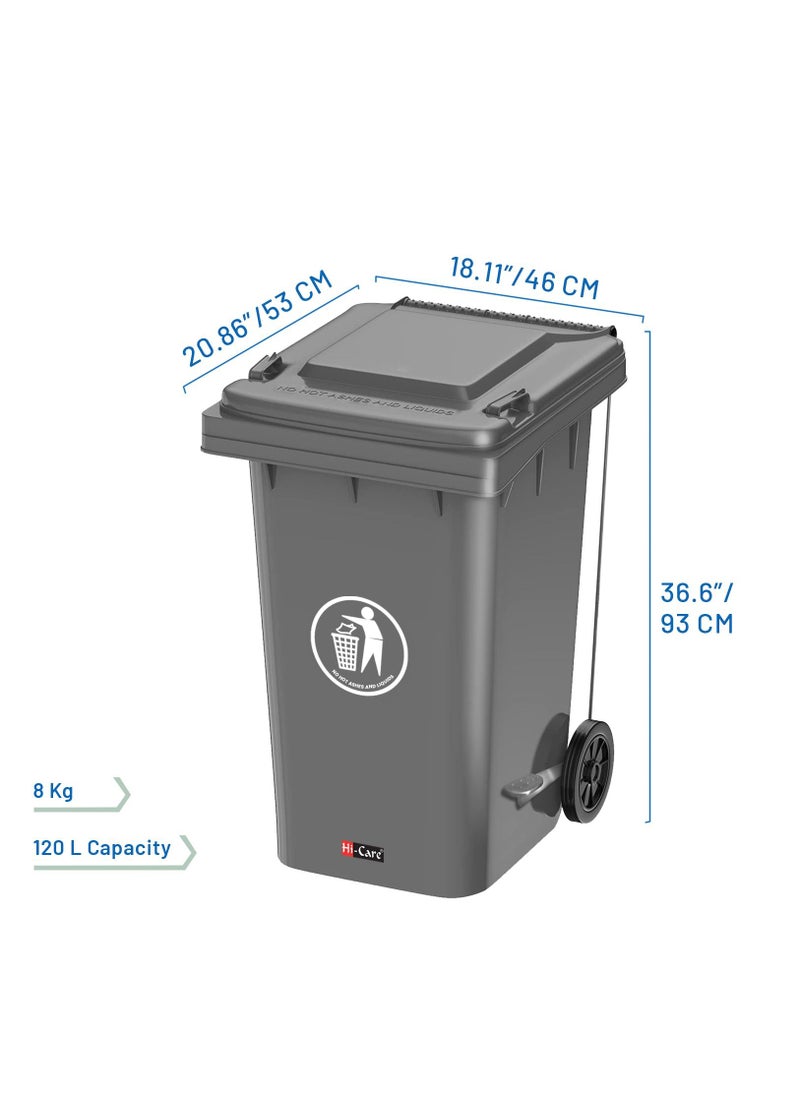 Hi Care - Heavy Duty Plastic Garbage Bin 120 Litre with Wheel and Pedal -Kitchen and Outdoor Recycle Trash Can, Large Industrial Waste Bin (Grey) - Image 1