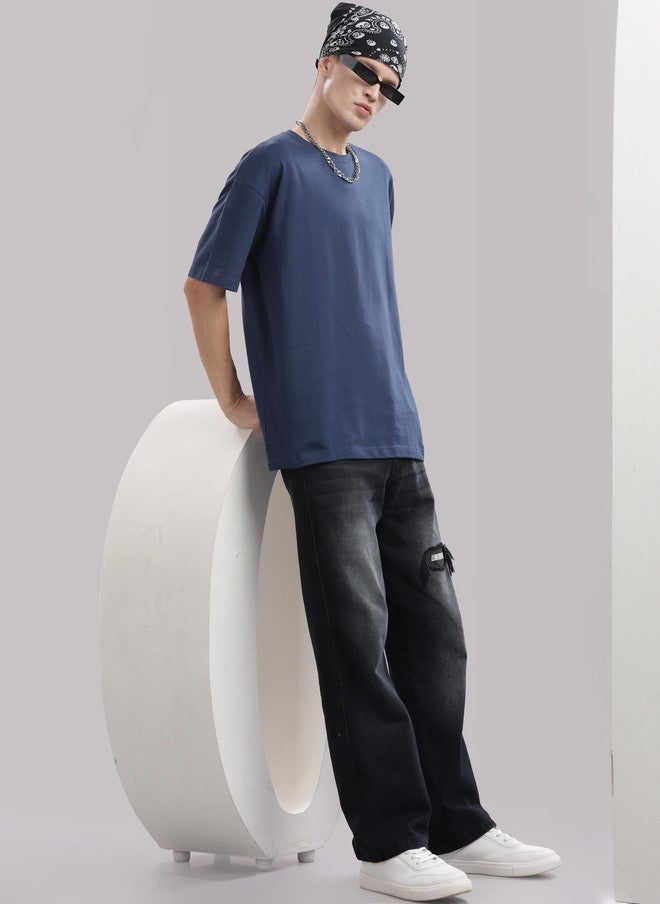 OUTLAWS Men's Solid Round Neck Cotton Relaxed Fit T-Shirt in Blue | Color Lock Technology | No Shrinkage | Soft, Breathable & Comfortable Casual Wear - Image 5