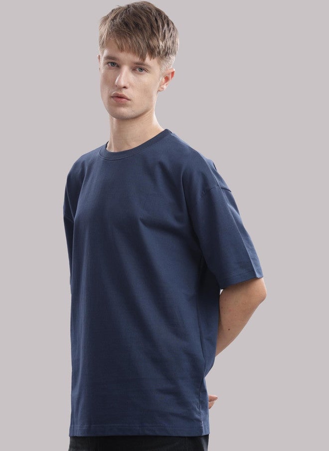 OUTLAWS Men's Solid Round Neck Cotton Relaxed Fit T-Shirt in Blue | Color Lock Technology | No Shrinkage | Soft, Breathable & Comfortable Casual Wear - Image 3