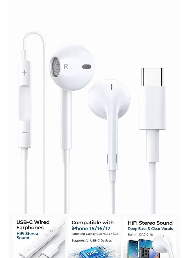 USB-C Wired Earphones with Mic & Volume Control Noise Isolation, Built-in DAC Chip – Compatible with iPhone 15/16/17 Series, Samsung Galaxy S25/S24/S23/S22 Ultra Note 10/20, Pixel 7/6/5/4 & All USB-C Devices - Image 1