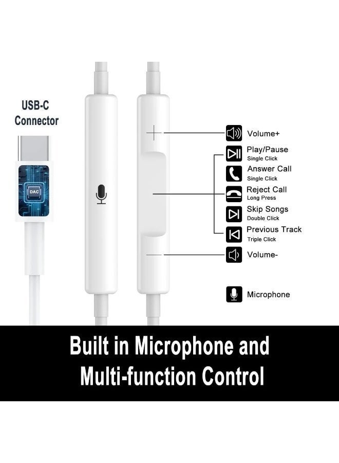 USB-C Wired Earphones with Mic & Volume Control Noise Isolation, Built-in DAC Chip – Compatible with iPhone 15/16/17 Series, Samsung Galaxy S25/S24/S23/S22 Ultra Note 10/20, Pixel 7/6/5/4 & All USB-C Devices - Image 2