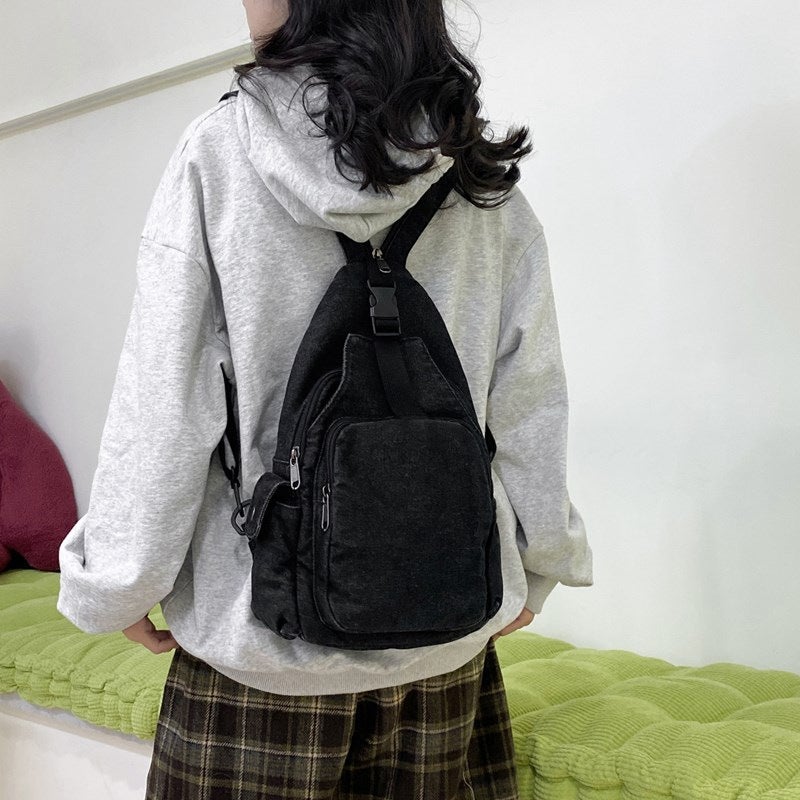 New Simple Denim Chest Bag Women'S Dual-Use Bag Retro Casual Small Backpack Canvas Lightweight Washed Cloth Bag - Image 3