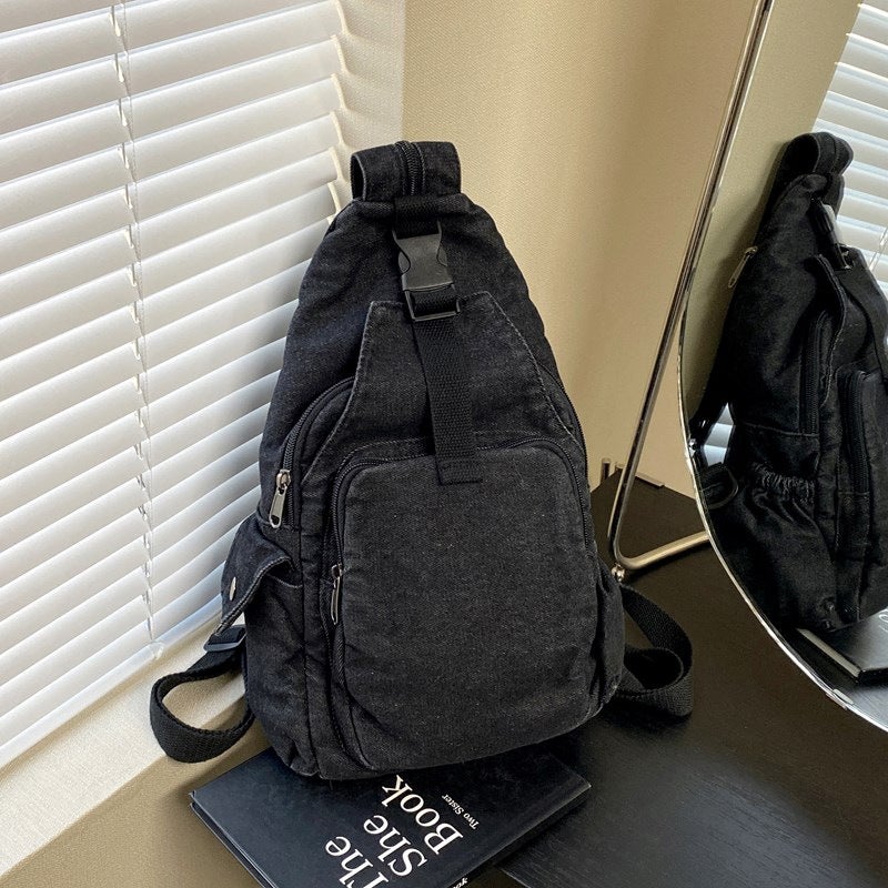 New Simple Denim Chest Bag Women'S Dual-Use Bag Retro Casual Small Backpack Canvas Lightweight Washed Cloth Bag - Image 2