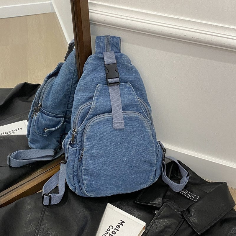 New Simple Denim Chest Bag Women'S Dual-Use Bag Retro Casual Small Backpack Canvas Lightweight Washed Cloth Bag - Image 5