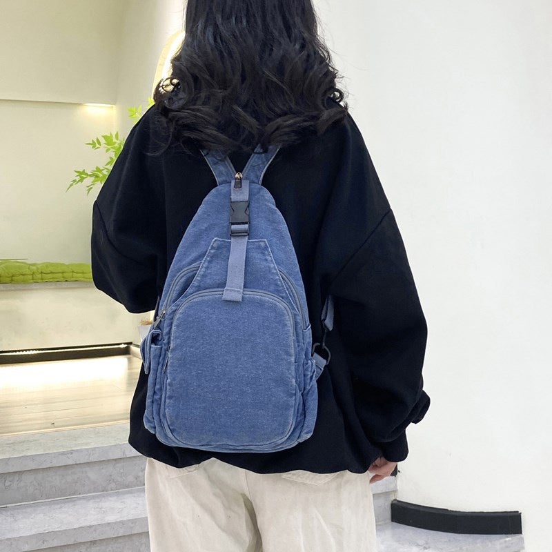 New Simple Denim Chest Bag Women'S Dual-Use Bag Retro Casual Small Backpack Canvas Lightweight Washed Cloth Bag - Image 4