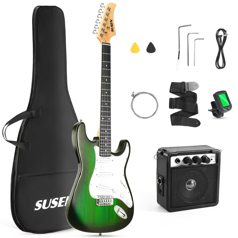 SUSEN Electric Guitar, 39 Inch Solid Full-size Electric Guitar S-S-S Pickups Starter Kit Includes Amplifier, Bag, Digital Tuner, Strap, String, Cable, Picksï¼ŒMini AMPï¼ˆGreen (Green) - Image 1