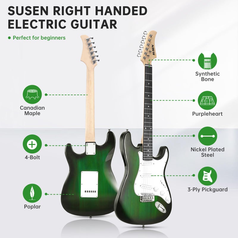 SUSEN Electric Guitar, 39 Inch Solid Full-size Electric Guitar S-S-S Pickups Starter Kit Includes Amplifier, Bag, Digital Tuner, Strap, String, Cable, Picksï¼ŒMini AMPï¼ˆGreen (Green) - Image 3