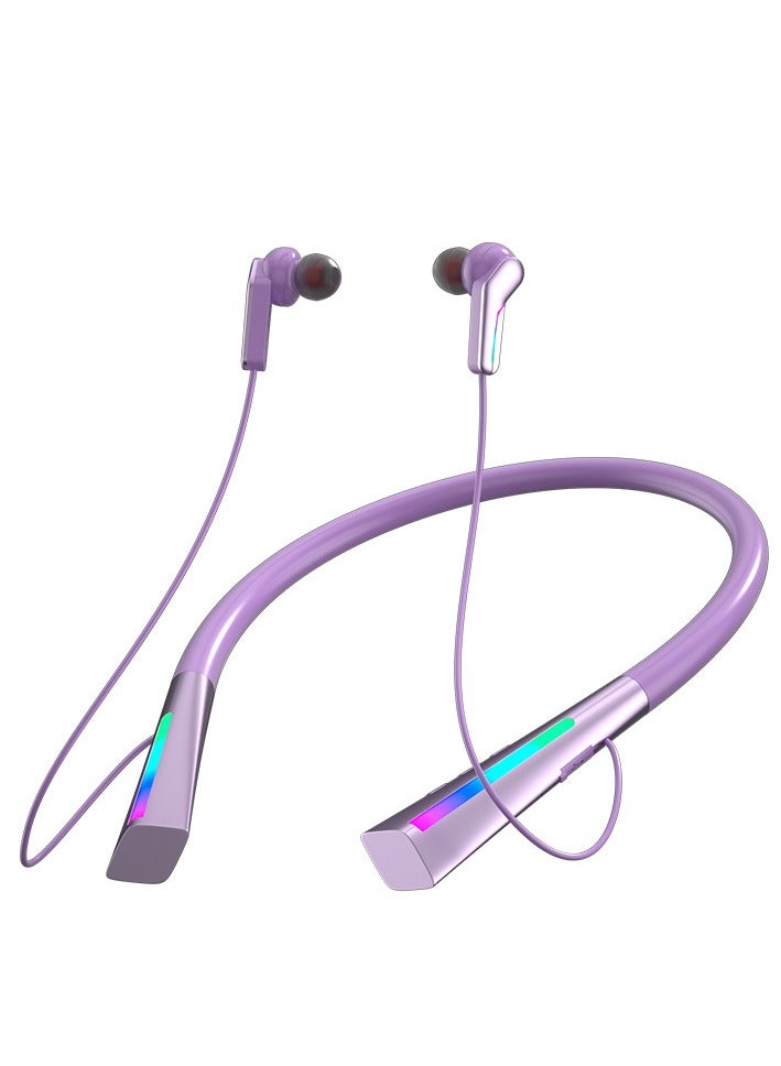 New Long-Lasting RGB Ambient Lighting Neck-Mounted Sports Bluetooth Headset Stereo Sound Effect Game Music Dedicated Headset (Purple) - Image 1