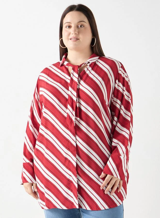 Ulla Popken Plus Size Ulla Popken Striped Shirt with Tie-Up Detail