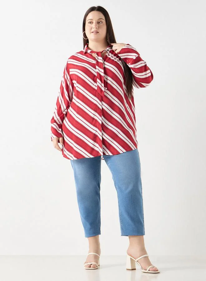 Ulla Popken Plus Size Ulla Popken Striped Shirt with Tie-Up Detail