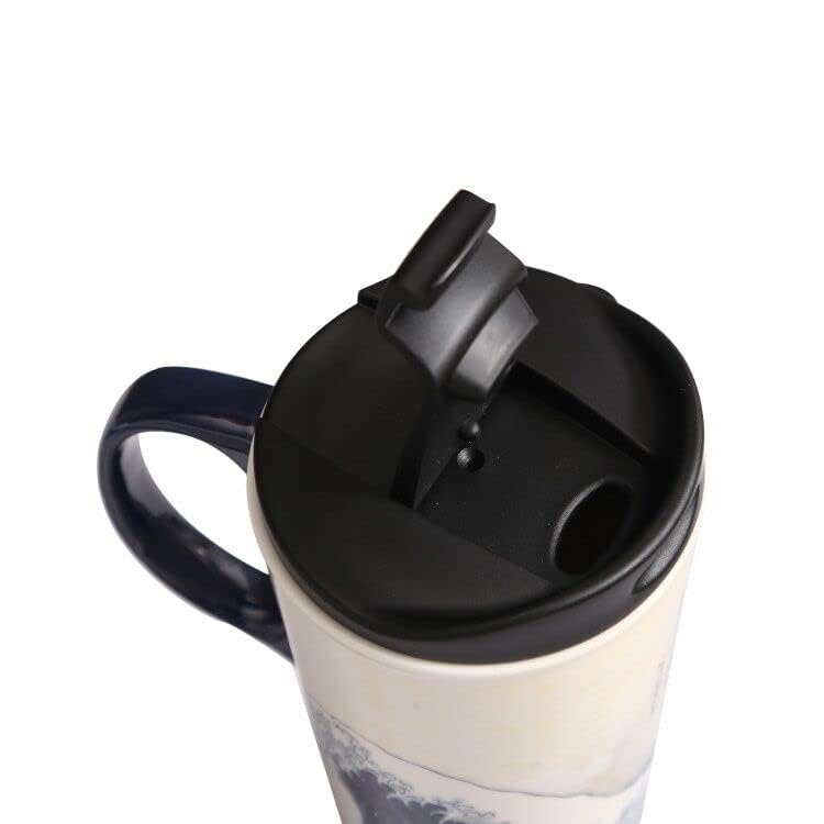 DUSVALLY Tall Ceramic Travel Mug with lid 17oz.Coffee Cup Porcelain Latte Mug,The Great Wave - Image 4