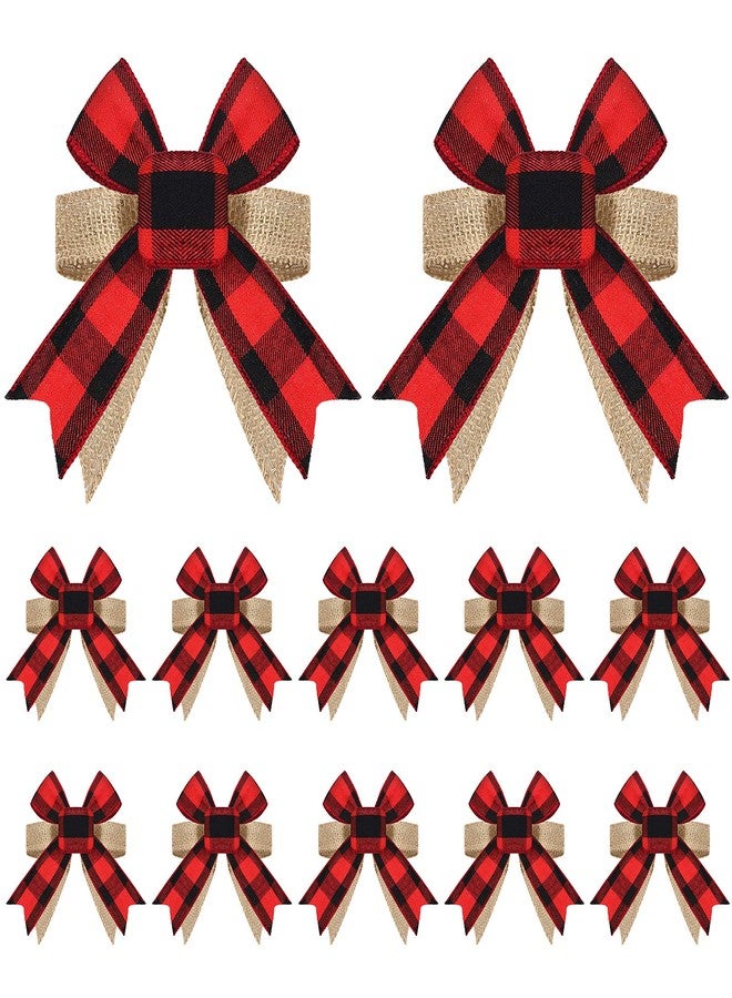 MTLEE 12-Piece Buffalo Plaid Burlap Bows Christmas Wreath Topper & Ornaments for Wedding, Birthday Party, 4.7 Inch (Red-Black Plaid) - Image 1