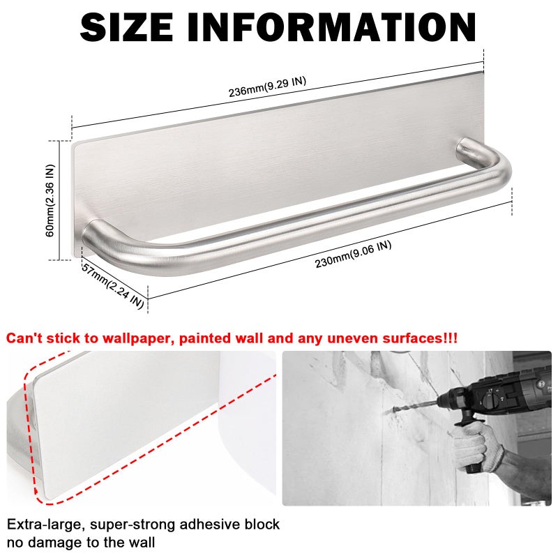 Livabber Self Adhesive Hand Towel Holder- 304 Stainless Steel Hand Towel Bar for Bathroom Kitchen Stick on Wall, Towel Ring No Drilling, 9 Inch (Brushed Nickel) - Image 2