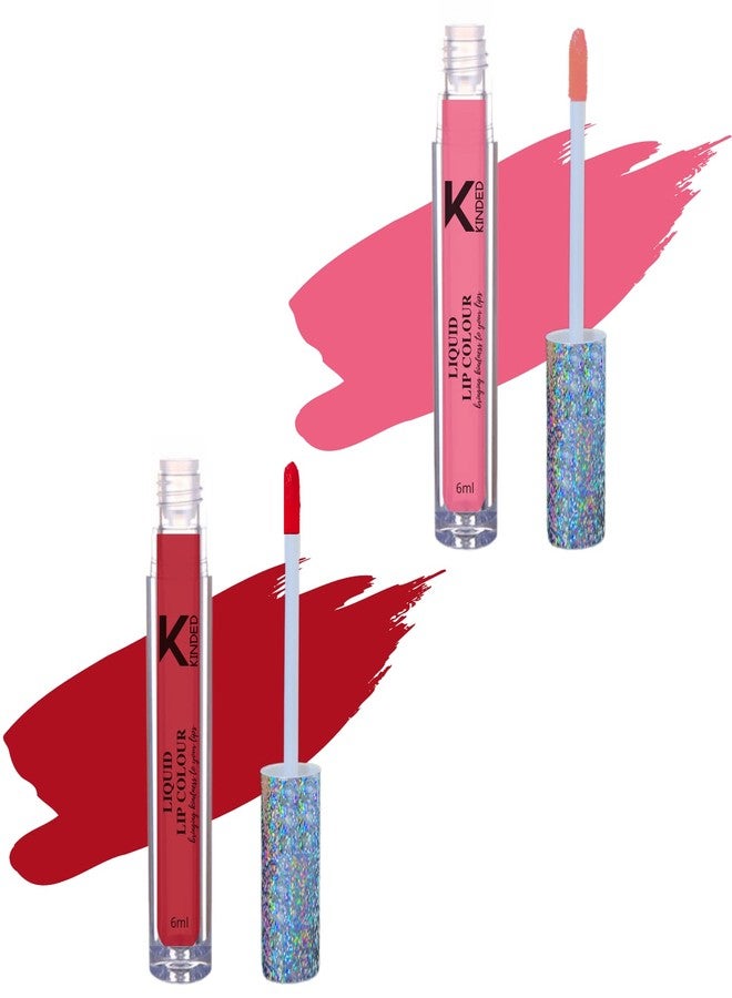 KINDED Liquid Lip Colour Vitamin E Enriched No Transfer Waterproof Long Stay Lipsticks Lip Gloss Set for Girls Women (Pack of 2, 6 ml each, Matte Finish, Shades Pink & Brick Red) - Image 1