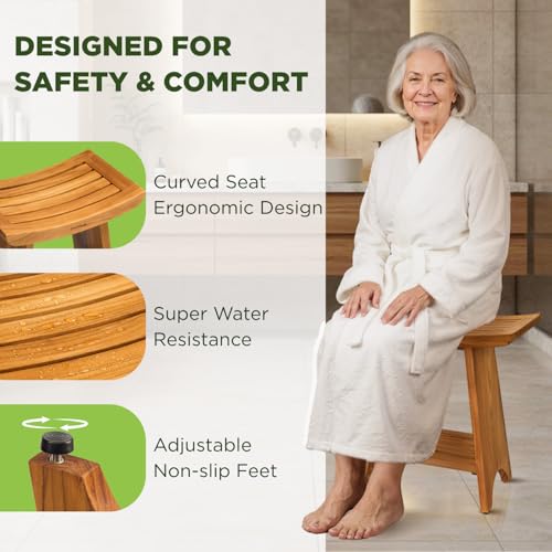 GREENTEAK Premium 18" Teak Wood Shower Bench with Shelf, 2-Tier Waterproof Teak Shower Stool, Non-Slip Feet for Enhanced Safety, Spa Bath Seat for Bathroom, Indoor & Outdoor, 300 lb Capacity (Curved) - Image 3