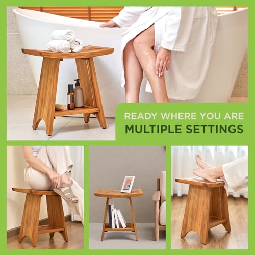 GREENTEAK Premium 18" Teak Wood Shower Bench with Shelf, 2-Tier Waterproof Teak Shower Stool, Non-Slip Feet for Enhanced Safety, Spa Bath Seat for Bathroom, Indoor & Outdoor, 300 lb Capacity (Curved) - Image 5