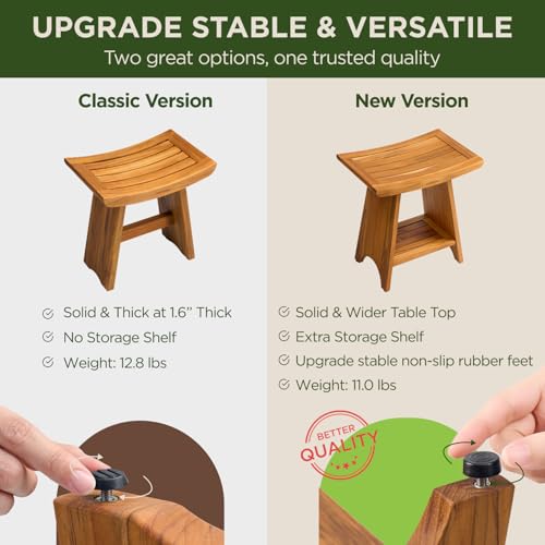 GREENTEAK Premium 18" Teak Wood Shower Bench with Shelf, 2-Tier Waterproof Teak Shower Stool, Non-Slip Feet for Enhanced Safety, Spa Bath Seat for Bathroom, Indoor & Outdoor, 300 lb Capacity (Curved) - Image 4