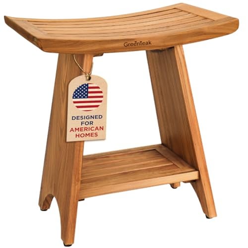 GREENTEAK Premium 18" Teak Wood Shower Bench with Shelf, 2-Tier Waterproof Teak Shower Stool, Non-Slip Feet for Enhanced Safety, Spa Bath Seat for Bathroom, Indoor & Outdoor, 300 lb Capacity (Curved) - Image 1