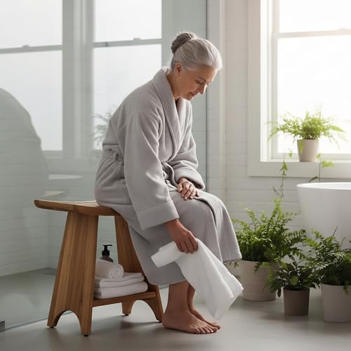 GREENTEAK Premium 18" Teak Wood Shower Bench with Shelf, 2-Tier Waterproof Teak Shower Stool, Non-Slip Feet for Enhanced Safety, Spa Bath Seat for Bathroom, Indoor & Outdoor, 300 lb Capacity (Curved) - Image 2