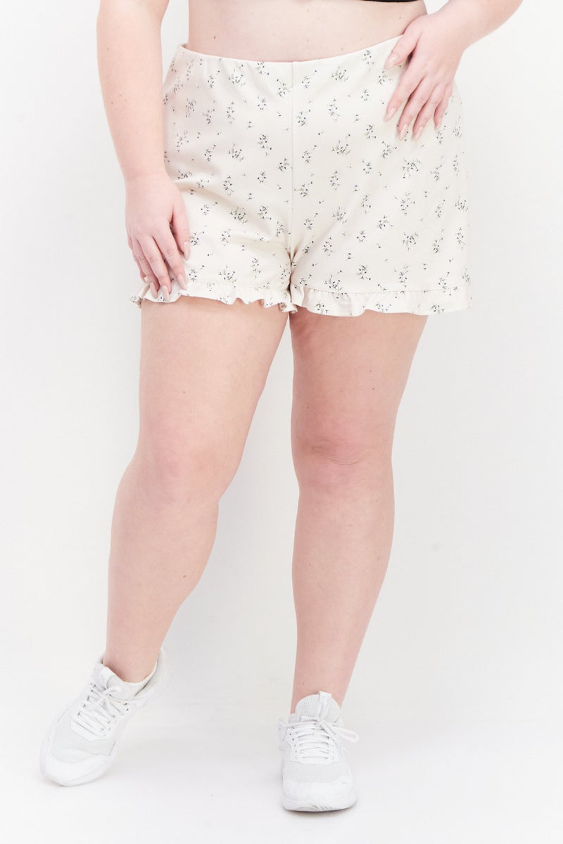RIVER ISLAND Women Plus Size Floral Pattern Basic Shorts, Beige Combo  - Image 1