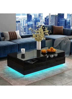 Coffee Table for Living Room LED Side Table Modern Wooden Centre Table Black Gloss Coffee Tables with 4 Drawer Storage for Home Black Table+led Light