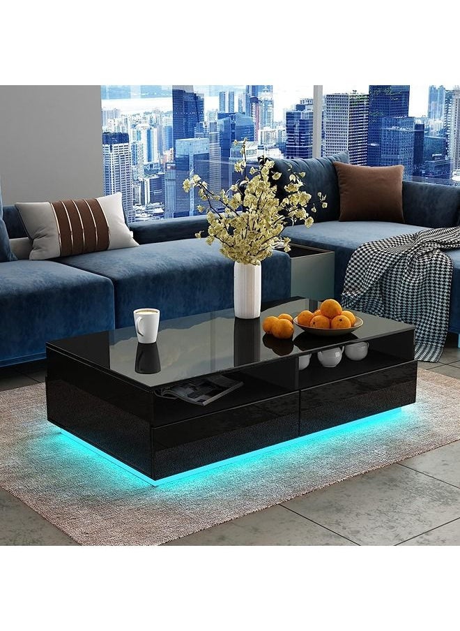 Generic - Coffee Table for Living Room LED Side Table Modern Wooden Centre Table Black Gloss Coffee Tables with 4 Drawer Storage for Home Black Table+led Light - Image 1