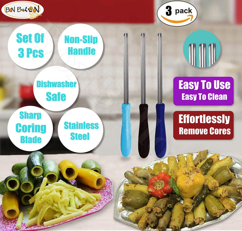 Zucchini Squash Vegetable Corer 3 pcs Corers Stainless Steel Core Remover Tool Kitchen Stuffed Vegetables Veggies Seed Remover Remove Seeds Eggplant Cucumber 10" Long Coring Tools Gadgets Drill